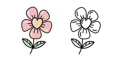 Cute flower doodle flat and outline illustration with heart-shaped center vector