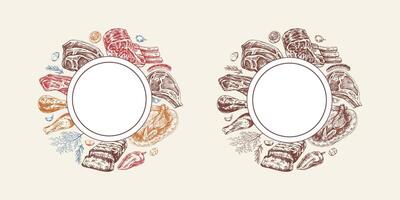 Meat dishes circular template for menu card and food branding vector
