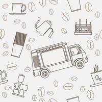 Editable Mobile Coffee Van Shop With Espresso Machine and Brewing Equipment Vectorized Illustration Seamless Pattern in Outline Style for Creating Background of Cafe Related Concept Purposes vector