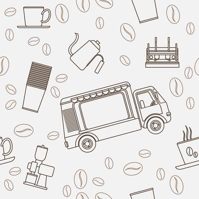 Editable Mobile Coffee Van Shop With Espresso Machine and Brewing Equipment Vectorized Illustration Seamless Pattern in Outline Style for Creating Background of Cafe Related Concept Purposes