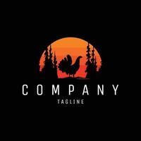 chicken silhouette logo emerging from above with trees behind and a beautiful sunset. best for logos, badges, emblems. available in eps 10 vector