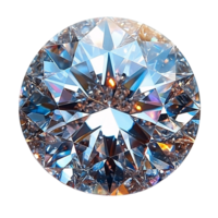 Close-up of a round diamond, vivid blue and orange reflections glimmering, with a mesmerizing pattern of precise cuts capturing light in every angle png