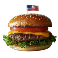 Cheeseburger with lettuce, tomato, and cheese, topped with an American flag toothpick, emphasizing a classic, appetizing presentation png