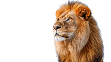 Side profile of a regal lion gazing into the distance, with its mane flowing, capturing the animal grace, dignity, and commanding presence png