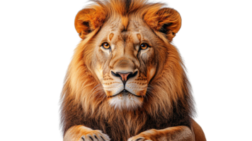 Front view of a lion with an intense, focused expression, showcasing a thick, golden mane and piercing eyes, exuding authority and elegance png