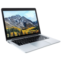 Open laptop with a mountain landscape displayed on the screen, featuring vibrant autumn trees and a clear sky, set against a sleek silver design png