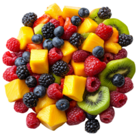 Bright assortment of berries, mango, and kiwi arranged in a vibrant, appetizing display, evoking freshness and flavor with each colorful piece png
