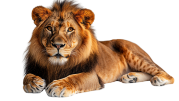 A majestic lion lying down, facing forward, with a serene yet powerful gaze, displaying a luxurious mane and a relaxed posture png