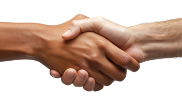 Close-up of two hands shaking, symbolizing trust, partnership, and unity, with contrasting skin tones, highlighting strength in diversity png
