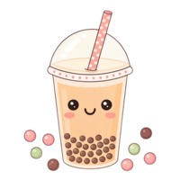 Cute bubble tea drink with smiling face and colorful tapioca pearls png