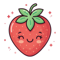 Cute smiling strawberry icon with tiny blushing cheeks and vibrant green leaves, surrounded by sparkles, perfect for children designs and playful themes png