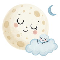 fluffy moon with sleepy face, gently hugging tiny cloud, creates whimsical and serene night scene. moon soft expression and cloud cozy demeanor evoke sense of calm and comfort png