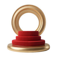 Empty round podium for displaying advertising products made of red fabric with gold inserts png