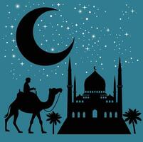 silhouette of a mosque in night with a farmer riding a camel palm tree, moon and stars vector