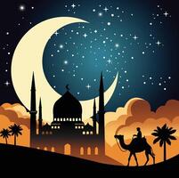 A silhouette of the mosque and farmer riding a camel at night with stars and moon vector