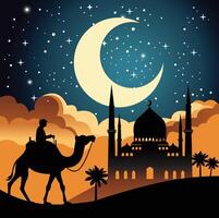 A silhouette of the mosque and a caravan at night in the desert with stars, moon and palm tree vector