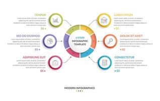 Circle infographic template with six steps or options, process chart, creative business infographics vector