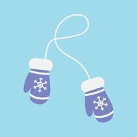 Blue knitted mittens in a flat style on a light blue background. vector