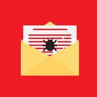 Envelope with mail and bug virus spam alert. Malware infected mail. Concept of spam, phishing, scam and hacker attack through email. Minimal cartoon style. vector
