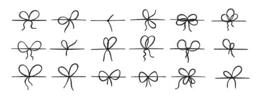 Set of cute bows with crayon, pastel or chalk texture. Outline black illustration on a white background. vector