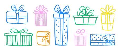 Set of birthday gift boxes with crayon, pastel or chalk texture. Doodle hand drawn presents. Color illustration. vector