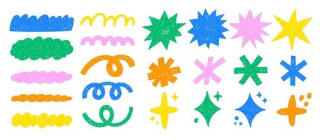 Scribble doodle shapes, spirals and stars with crayon or chalk texture. Hand drawn stickers with funky elements for collage or design use. Color illustration. vector