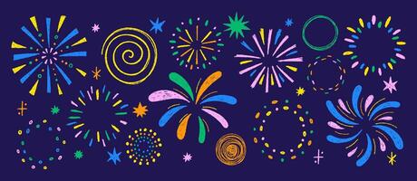 Set of hand drawn fireworks with sparkle and twinkle with crayon or pastel texture. Sketch elements of circle frames with confetti and bling for celebrate. Chalk illustration. vector