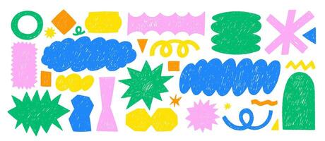 Funky doodle shapes with crayon or chalk texture. Hand drawn stickers with geometric elements for collage or design use. Color illustration. vector