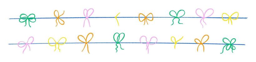 Set of cute bows with crayon, pastel or chalk texture. Color sketch illustration for design or collage. vector