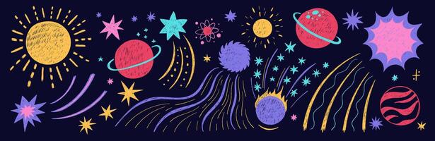 Set of space, planets and stars with crayon, pastel or chalk texture. Colorful doodle illustration with sparkles and fireworks. vector