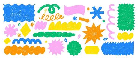 Scribble doodle shapes with crayon or chalk texture. Hand drawn stickers with geometric elements for collage or design use. Color illustration. vector