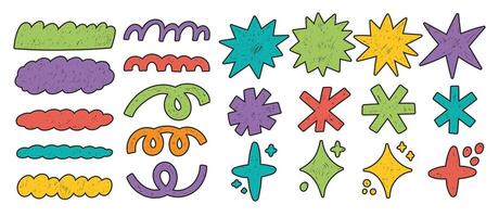 Scribble doodle shapes, spirals and stars with crayon or chalk texture. Hand drawn stickers with geometric elements for collage or design use. Color illustration. vector