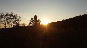 The setting sun shines down on a serene mountain landscape covered with tropical trees in the evening. video