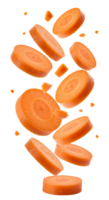 Falling carrots isolate showcasing fresh and nutritious carrot pieces flying in motion, perfect for plant-based food concepts, vegetarian recipes, and vitamin-rich diet themes png