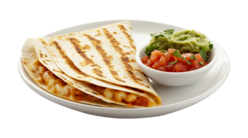 A classic serving of Quesadillas filled with melted cheese and grilled, folded in half, with salsa and guacamole on the side. png
