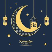 Ramadan kareem greeting card with crescent and lanterns illustration vector