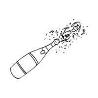 champagne bottle with popping cork with foam and splashes - hand drawn line art vector