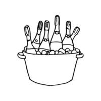 bottles of champagne in a basin with ice - hand drawn line art vector