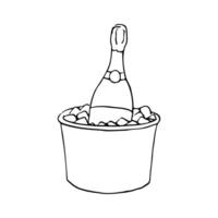 unopened bottle of champagne stands in a bucket with ice - hand drawn line art vector