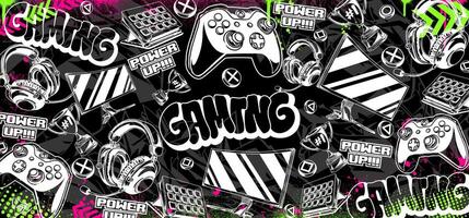 Gaming background illustrations. Retro videogame graphic icon elements in graffiti style vector
