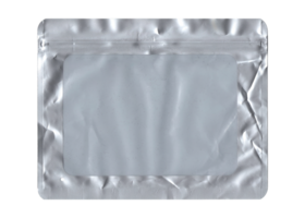 Isolated gray plastic bag with a transparent side for inspection, used to sell small items, with folds and wrinkles. Empty canvas for your creative content. png