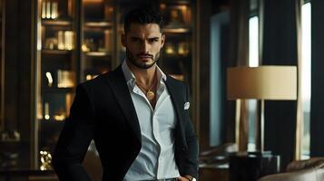 Stylish man in formal attire with a luxurious background setting photo