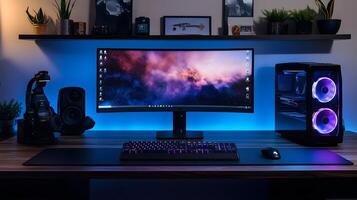 Modern Workspace with Computer and Vibrant Backlit Accessories photo