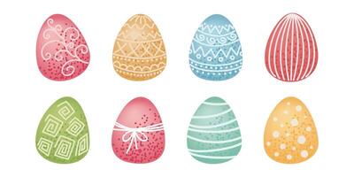 Set of colorful decorated Easter eggs with intricate patterns and textures. Easter celebration design for greeting card, invitation, poster, and print. Flat illustration. vector