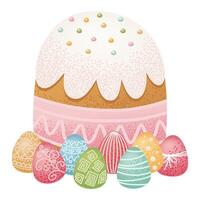 Traditional Easter cake with icing and sprinkles surrounded by decorated eggs in various colors and patterns. Easter celebration design for greeting card, invitation, poster. vector