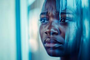 Close-up of a person's face behind glass with water streaks, symbolizing mental health, emotional depth, and vulnerability in a reflective, artistic context. . photo