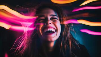 A joyful and expressive portrait of a person laughing, radiating pure happiness. Vibrant neon light trails enhance the dynamic energy, emphasizing the intensity of the emotion. . photo