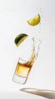 Lime slices splash into a golden beverage shot glass with motion and dynamic liquid drops. Minimalist design, bright light, and refreshing vibe. . photo