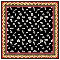 A square scarf print patterned scarf with a black background, white floral motifs, and a red-and-gold border. vector