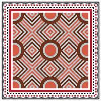 Geometric square scarf print, pattern with circles and zigzag lines in red, brown, and beige, with a decorative border. vector